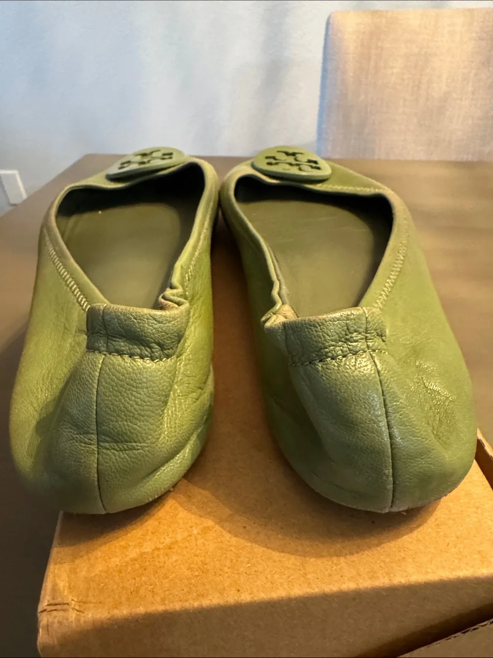 Tory Burch Olive Green Leather Logo Ballet Flat